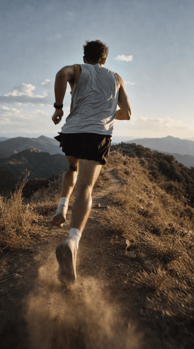 A trail runner kicking up dust on a ridge