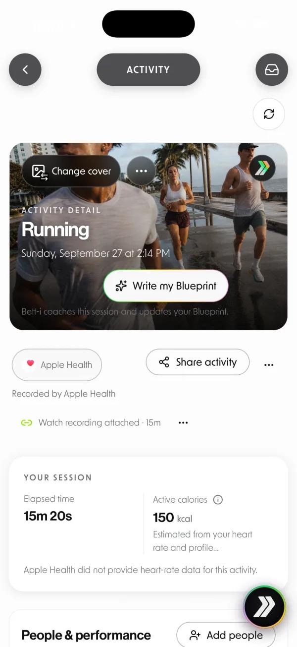 Activity detail for a run with elapsed time, calories and heart rate