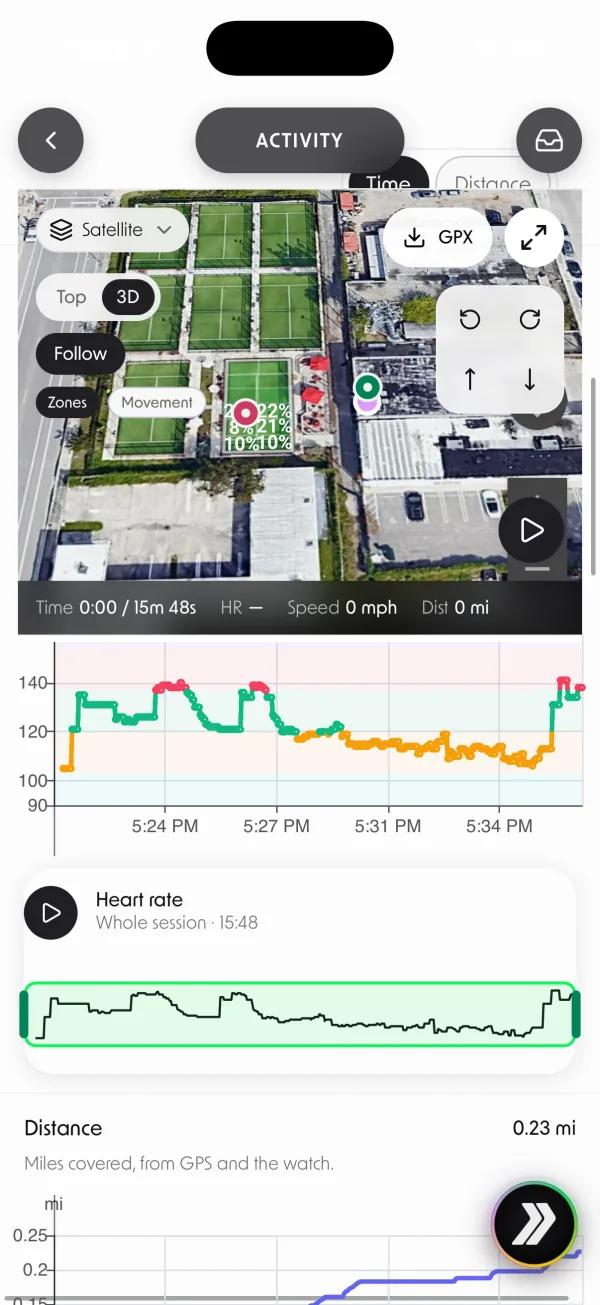 Padel activity with a satellite court map, movement trail and heart-rate trace