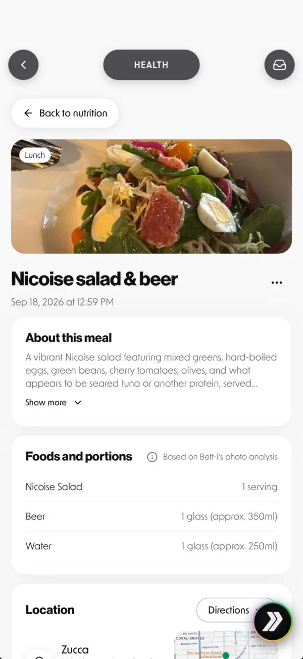 Meal detail for a Niçoise salad and a beer: the photo, what's in it, foods and portions from Bett-i's photo analysis, and the restaurant