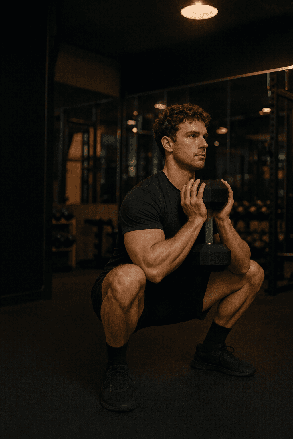 A young man at the bottom of a goblet squat with a dumbbell