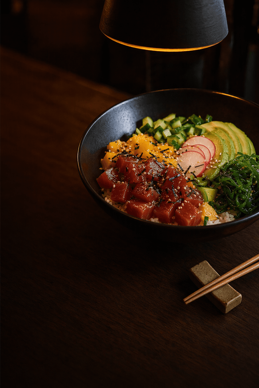 A tuna poke bowl on a dark restaurant counter